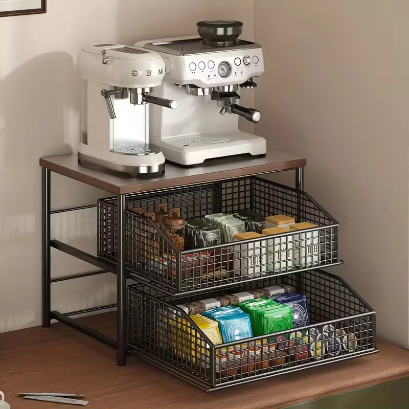 Wooden Kitchen Countertop Organizer Rack With Drawers