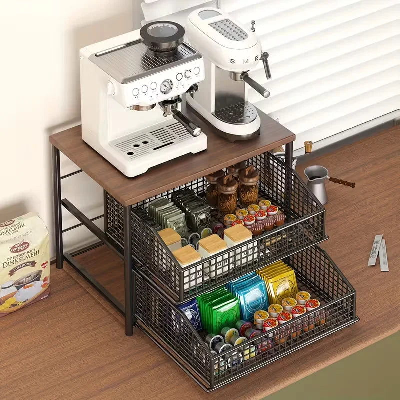 Wooden Kitchen Countertop Organizer Rack With Drawers