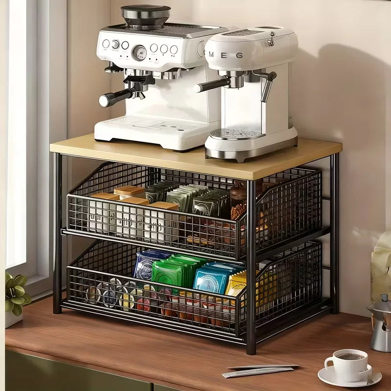 Wooden Kitchen Countertop Organizer Rack With Drawers