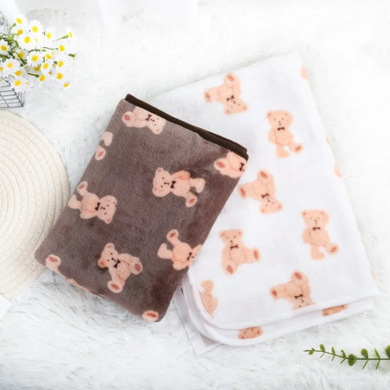 Soft Coral Fleece Pet Blanket With Paw Print Pattern