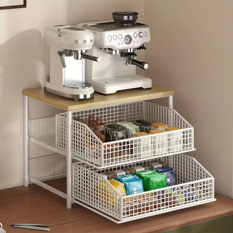 Wooden Kitchen Countertop Organizer Rack With Drawers