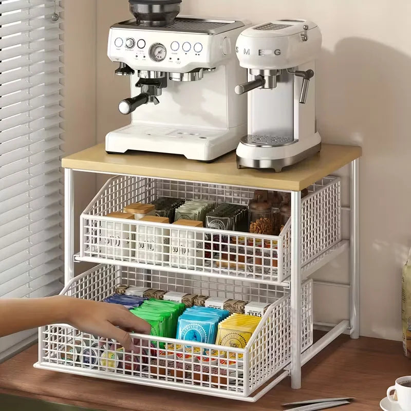 Wooden Kitchen Countertop Organizer Rack With Drawers