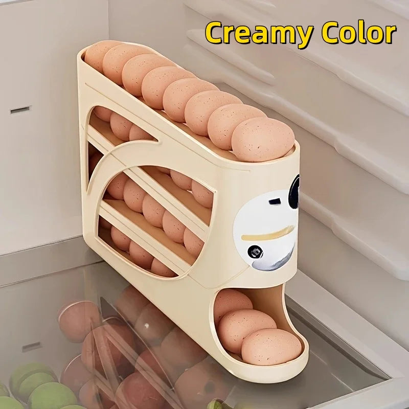 Creamy Color Color 3-Tier Rolling Egg Storage Container for Fridge