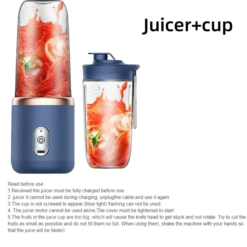 Double Cup Blue Color Portable USB Blender Juicer Cup 400 ml For Travel Smoothies