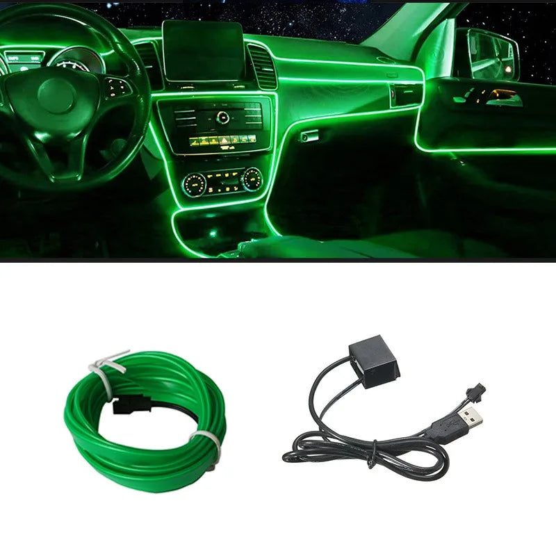 Green Emitting Color 5 m LED EL Wire Car Interior Neon Ambient Strip Light