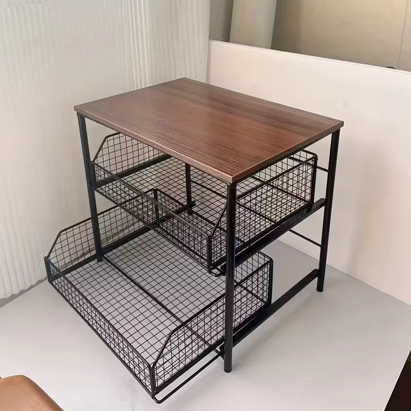 Brown Color Wooden Kitchen Countertop Organizer Rack With Drawers
